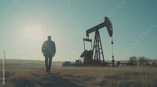 An engineer walks towards an oil pump jack at sunset, representing the energy industry and the hard work involved in oil extraction and production in a rural landscape.