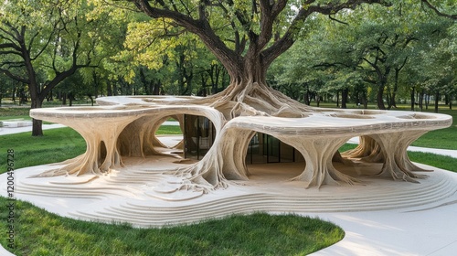 3D-Printed Pavilion Mimicking Tree Roots in a Lush Park