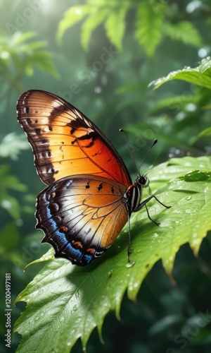 A Junonia orithya butterfly perched on a leaf with morning dew, calm atmosphere, sunny day, Junonia orithya photo