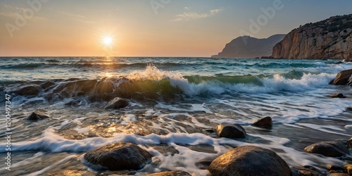 Waves on a pebble beach break on a big rock, Kidrak beach, Turkey photo