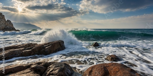 Waves on a pebble beach break on a big rock, Kidrak beach, Turkey photo