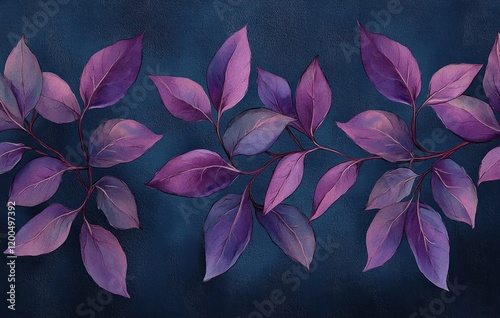 Purple Leaves Botanical Illustration Ethereal Design Art Nouveau Tropical Wall Decor