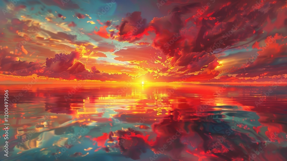 Obraz premium Bright red and yellow clouds suspended above a still ocean at sunset, reflecting on the water