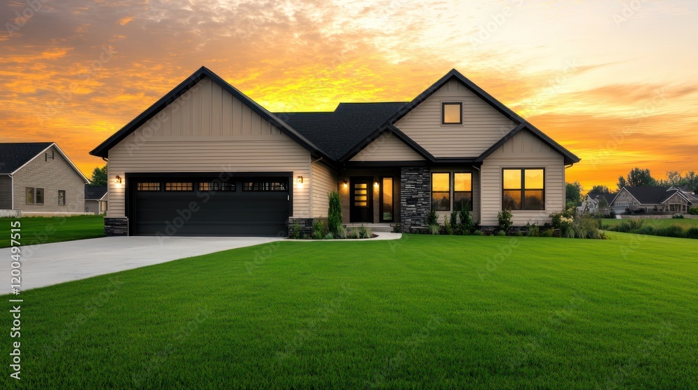 A modern ranch-style home in muted beige tones A modern ranch-style home in muted beige tones