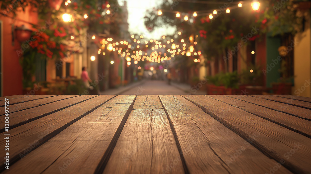 Empty wooden table in the background of a small town Mexican street, with lights Empty wooden table in the background of a small town Mexican street, with lights