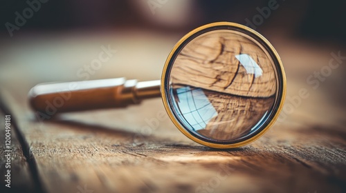 Wallpaper Mural Magnifying Glass on Wood: A vintage magnifying glass with a wooden handle rests on a weathered wooden surface, capturing the essence of detail, investigation, and discovery.   Torontodigital.ca