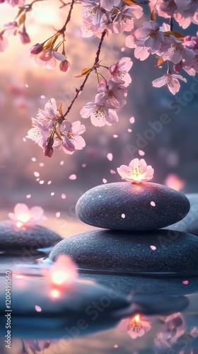 Mystical Zen Stones with Glowing Blooming Flowers in Serenity