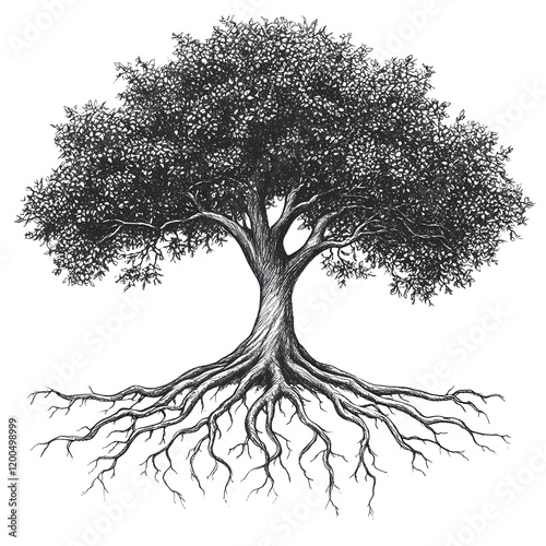 Draw a tree with deep roots and a strong flourishing canopy The roots represent brand foundations while the canopy symbolizes the widespread recognition and strengt photo