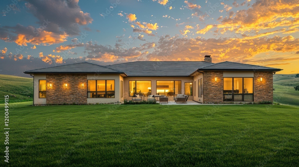 A modern ranch-style house with taupe stone accents and warm interior lights visible through large windows A modern ranch-style house with taupe stone accents and warm interior lights visible through large windows