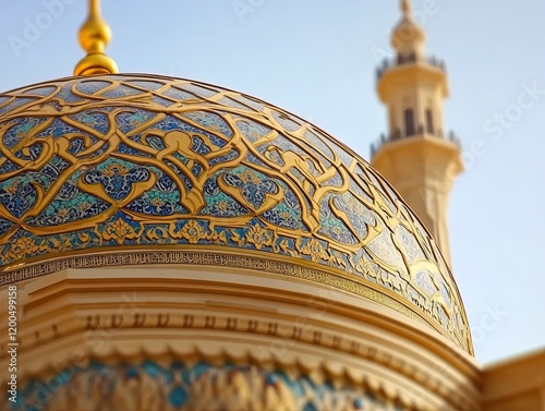 Ornate mosque dome, minaret, clear sky, Islamic architecture, travel photography photo