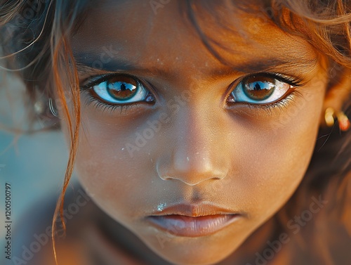 Close-up portrait of a young girl with intense eyes and a serious expression.
