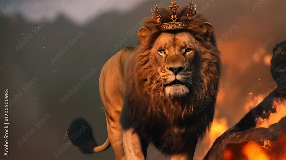 Majestic lion with crown on head as symbol of strength, royalty, leadership. Lion of Judah walking through the desert. Christian religion concept