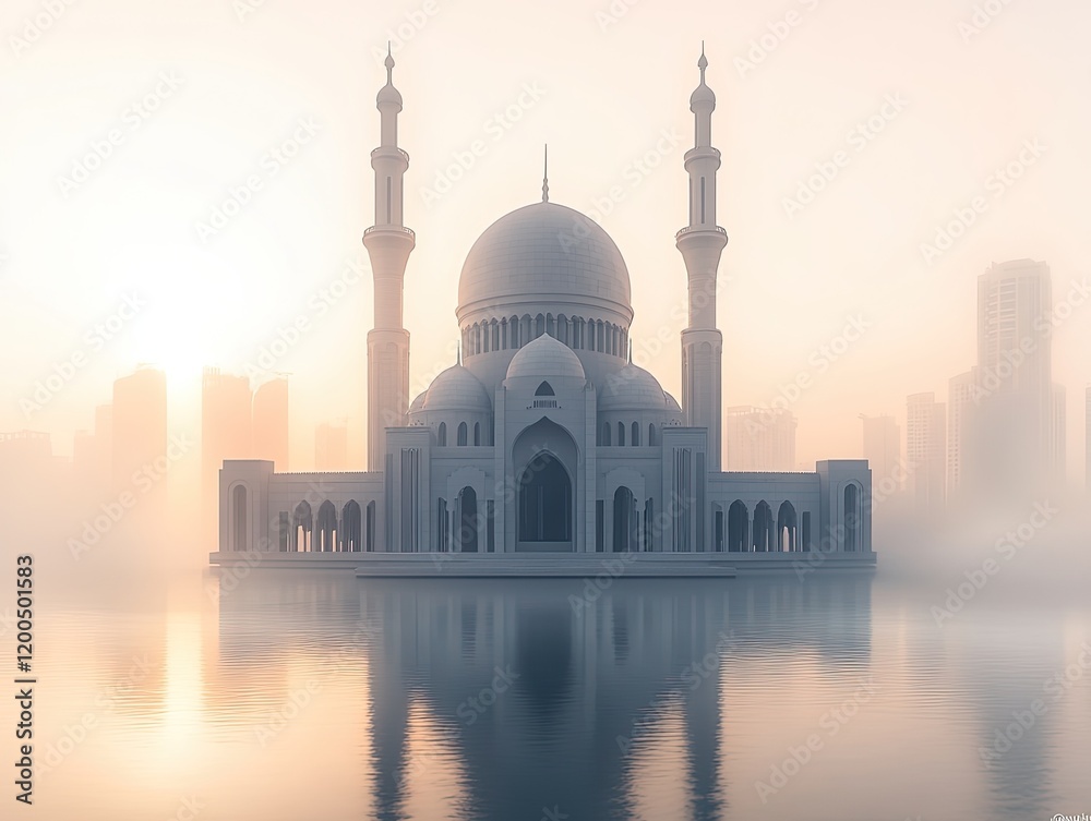 Naklejka premium Sunrise Mosque Cityscape Reflection Peaceful Dawn