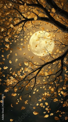 Mystical Bodhi Tree with Golden Leaves Under Full Moon Glow