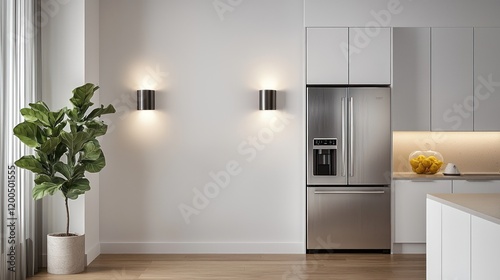 A modern space with matte white cabinets, silver appliances, and warm honey oak flooring photo