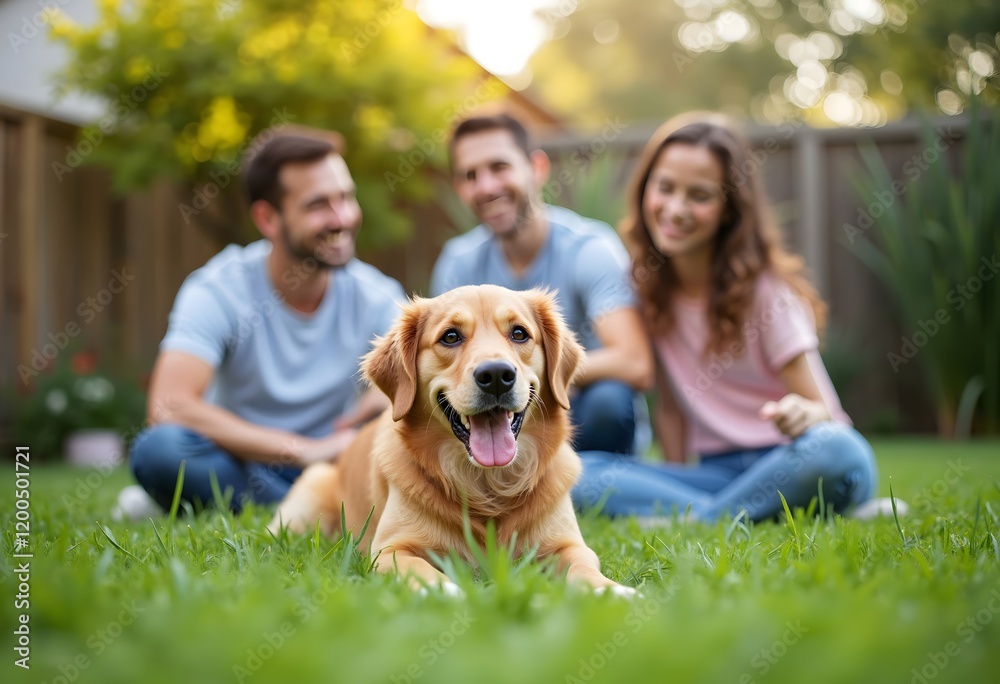 Happy Family Playing with Their Dog in a Lush Green Backyard Happy Family Playing with Their Dog in a Lush Green Backyard