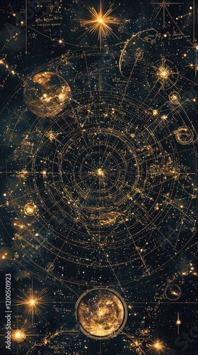 Ancient Celestial Map Etched with Glowing Symbols and Patterns