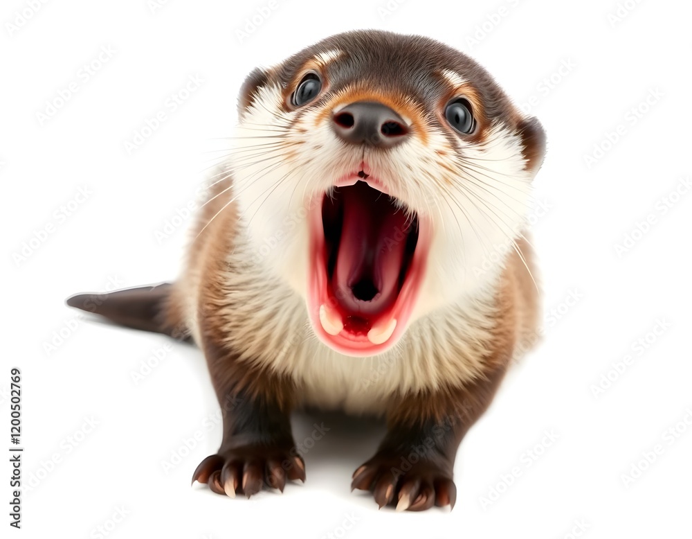 Fototapeta premium Surprised Otter Pup with Open Mouth on a White Background