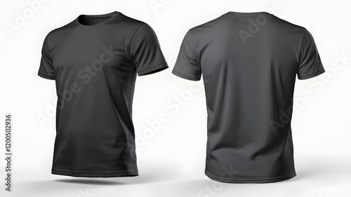 Black t-shirt mockup showcasing front and back views, isolated on a transparent PNG background. photo