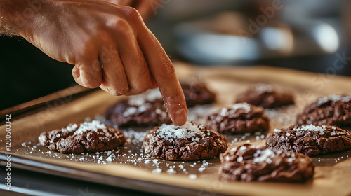 Hand Salting Chocolate Cookies on Baking Sheet