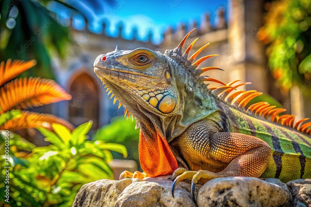 Fototapeta premium Iguana Sunbathing at Vizcaya Miami Gardens - Tropical Oasis