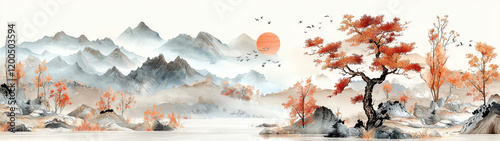 An elegant mural featuring an ink painting of autumn mountains and trees with vibrant orange foliage
