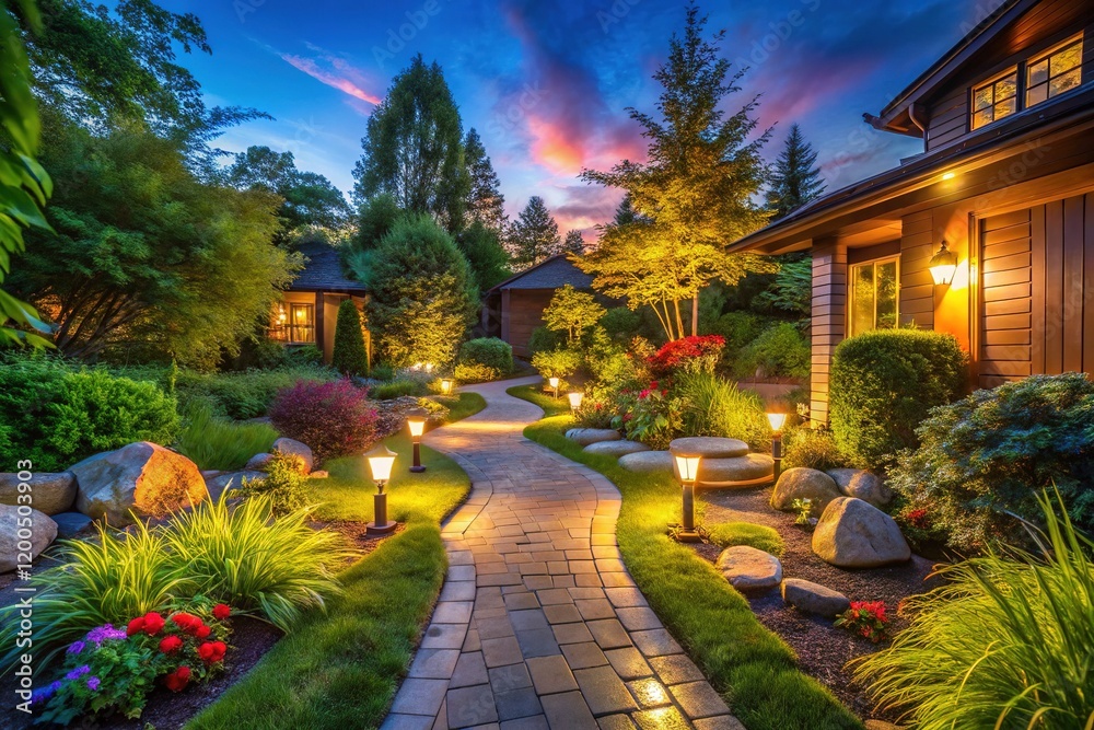 Fototapeta premium Illuminated Garden Path, Modern Outdoor Lighting, Backyard Pathway Design