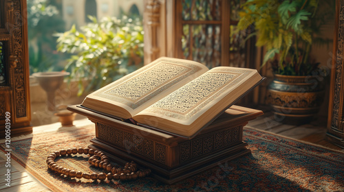 an open Quran with beautifully detailed Arabic script on an elegant wooden stand, a tasbih (prayer beads) draped across the pages