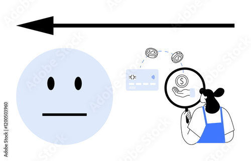 Neutral face alongside an arrow, woman analyzing financial transactions, money, credit card, magnifying glass. Ideal for customer feedback, service evaluation, transaction efficiency, emotional