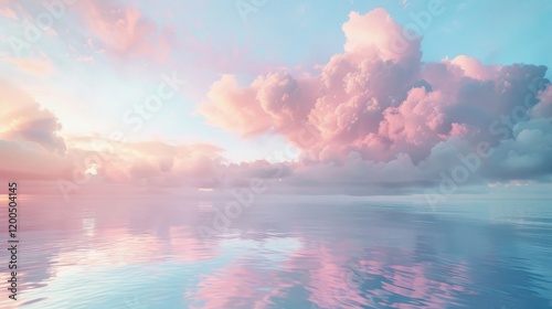 Fluffy pastel pink and blue clouds floating above a still sea at dawn, the soft colors blending with the water's surface