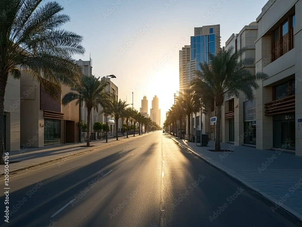 Naklejka premium Sunrise over empty city street, palm trees, modern buildings. Use travel, urban landscape