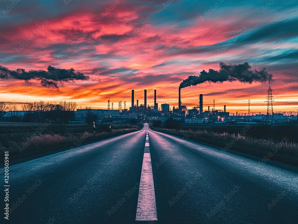 Obraz premium Sunrise over industrial plant, road leading to factory, pollution, vibrant sky, environmental impact, stock photo