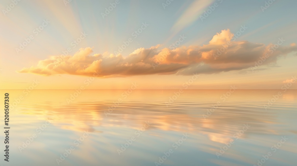 Obraz premium Golden clouds drifting above a tranquil sea at sunset, with the soft light creating a beautiful reflection on the water