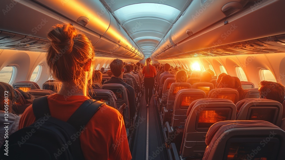 Fototapeta premium Sunset flight passengers cabin view. Travel journey airplane