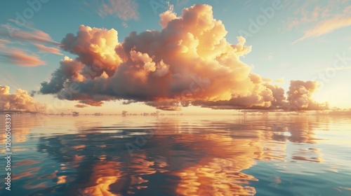 Golden clouds floating above a tranquil ocean at dusk, their reflections creating a mirror-like effect on the water