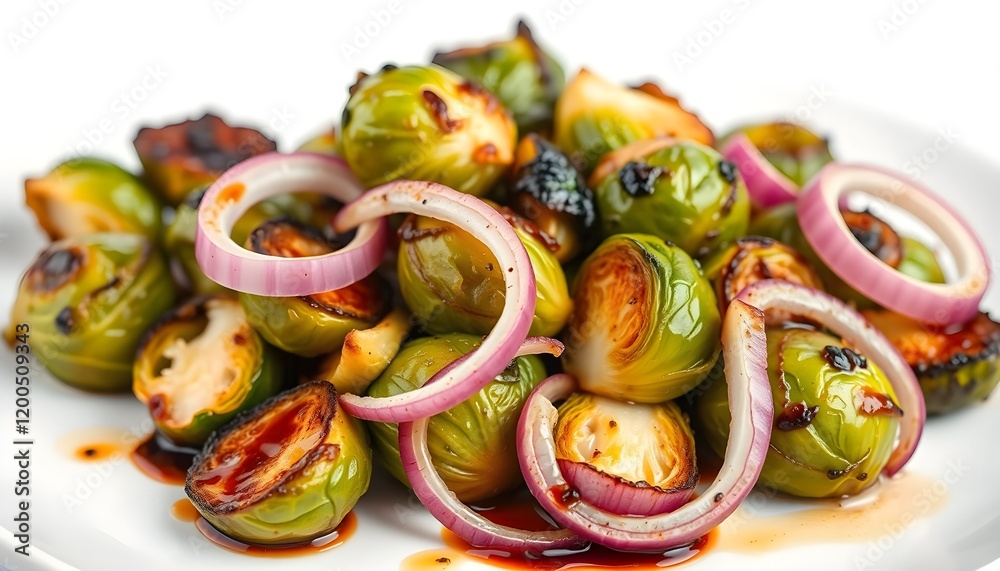 Close-up of a vibrant plate of roasted Brussels sprouts, seasoned and glazed to perfection.