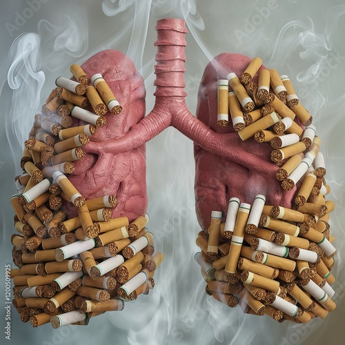 Human lungs with smoking cigarettes. 3D illustration on gray background.