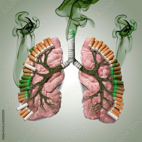 Human lungs with smoking cigarettes. 3D illustration on gray background.