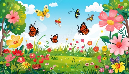A colorful meadow with blooming flowers and butterflies flying above.