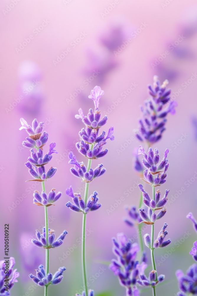 Naklejka premium Vibrant lavender flowers bloom under soft pink skies, exuding tranquility and elegance.