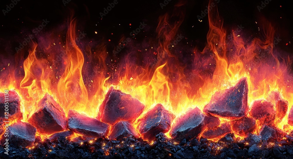 Fototapeta premium Fiery Charcoal Flames for Barbecue Cooking and Grill Background
