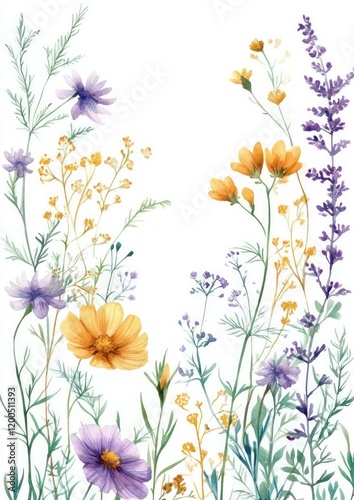 Watercolor Illustration of Herbs Chamomile Mint Lavender Eucalyptus Floral Frame Decoration