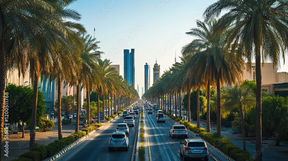 Obraz premium City highway sunrise, palm trees, traffic, skyscrapers, travel