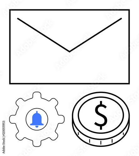 Envelope icon, bell on a gear symbol, and dollar coin outline represent communication, notifications, and financial operations. Ideal for business, email, marketing, technology finance digital