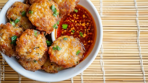 Thai fish cakes with sweet chili dipping sauce, elegantly arranged in a bowl on a bamboo mat against a white background.