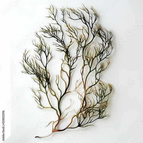a single piece of red seaweed with intricate branching structure isolated on a white background
