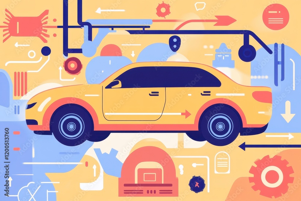 Fototapeta premium Modern Yellow Car with Abstract Graphic Elements in Bright Colors, Featuring Geometric Shapes and Symbols Representing Automotive Technology and Innovation
