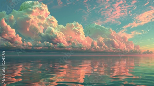 Soft pink and green clouds floating above a calm ocean at dawn, the gentle colors reflecting beautifully on the water