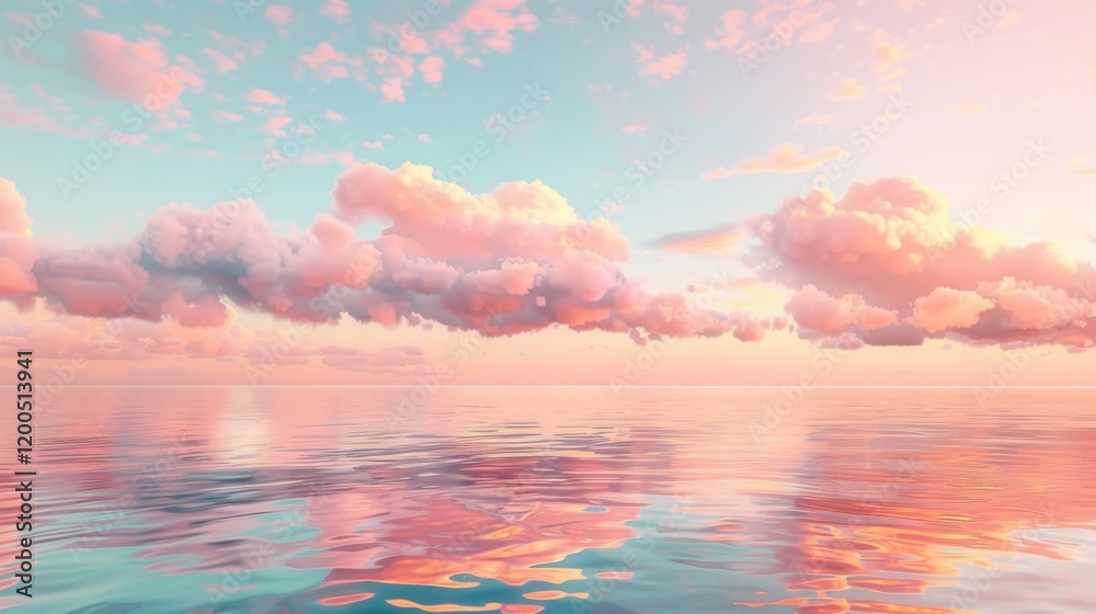 Soft pink and orange clouds drifting over a tranquil sea at dawn, their hues blending seamlessly with the water's surface Soft pink and orange clouds drifting over a tranquil sea at dawn, their hues blending seamlessly with the water's surface
