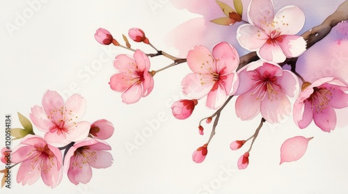 Watercolor illustration of blooming sakura on white background. Pink cherry flower buds. Design template for invitations, posters, fabrics